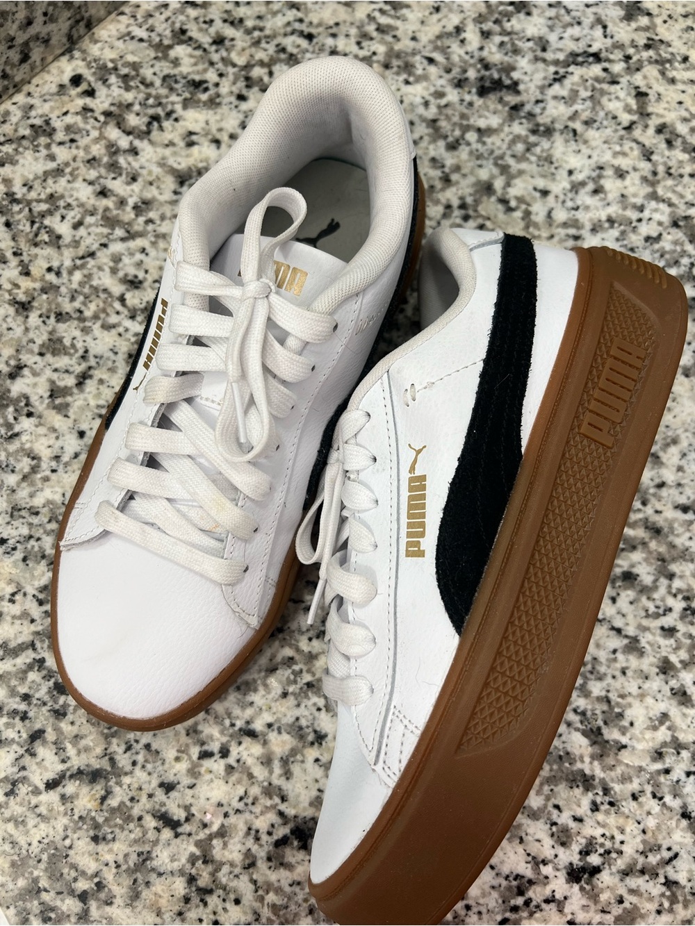 Puma White Leather Sneakers with Black Stripe and Gum Platform